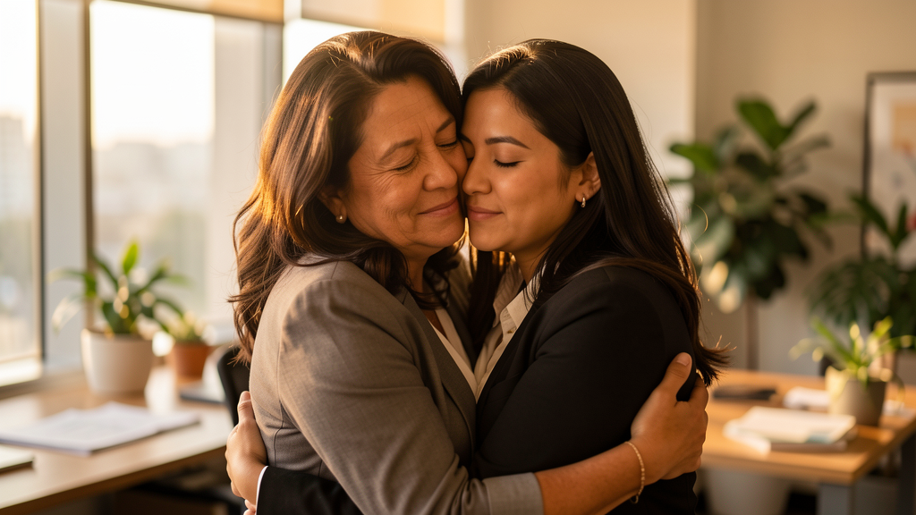Dos mujeres abrazándose tras comprenderse